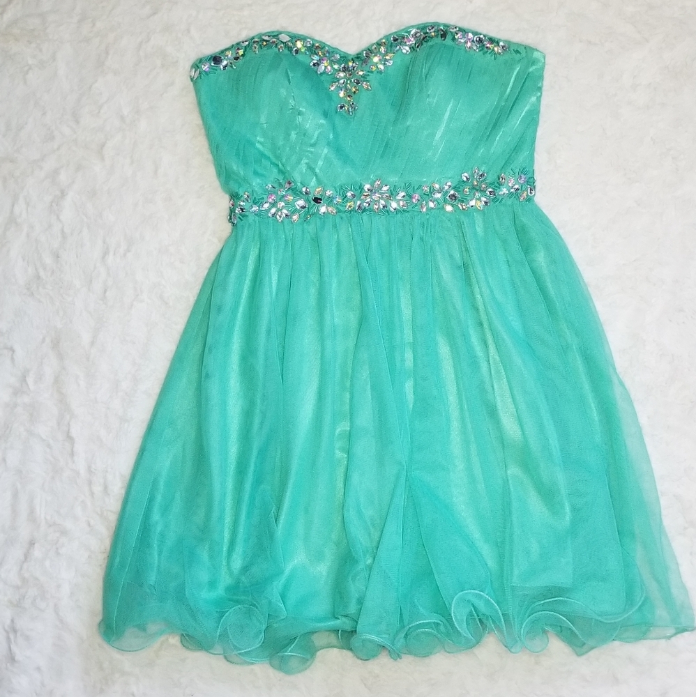 Aqua teal strapless  jeweled dress